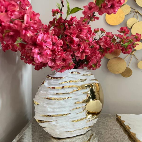 White And Gold Textured Ceramic Vase
