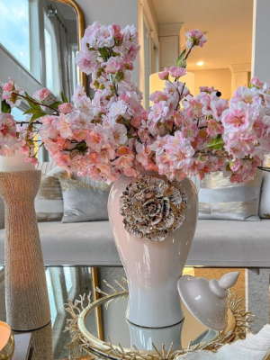 White Ginger Jar With Large Gold Flower Detail (Medium)